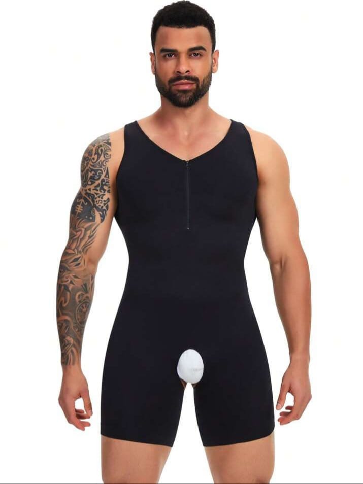 B-FIT Men's Full Body Shaper Compression Bodysuit Tummy Control Chest Control Slimming Underwear Zipper Shapewear